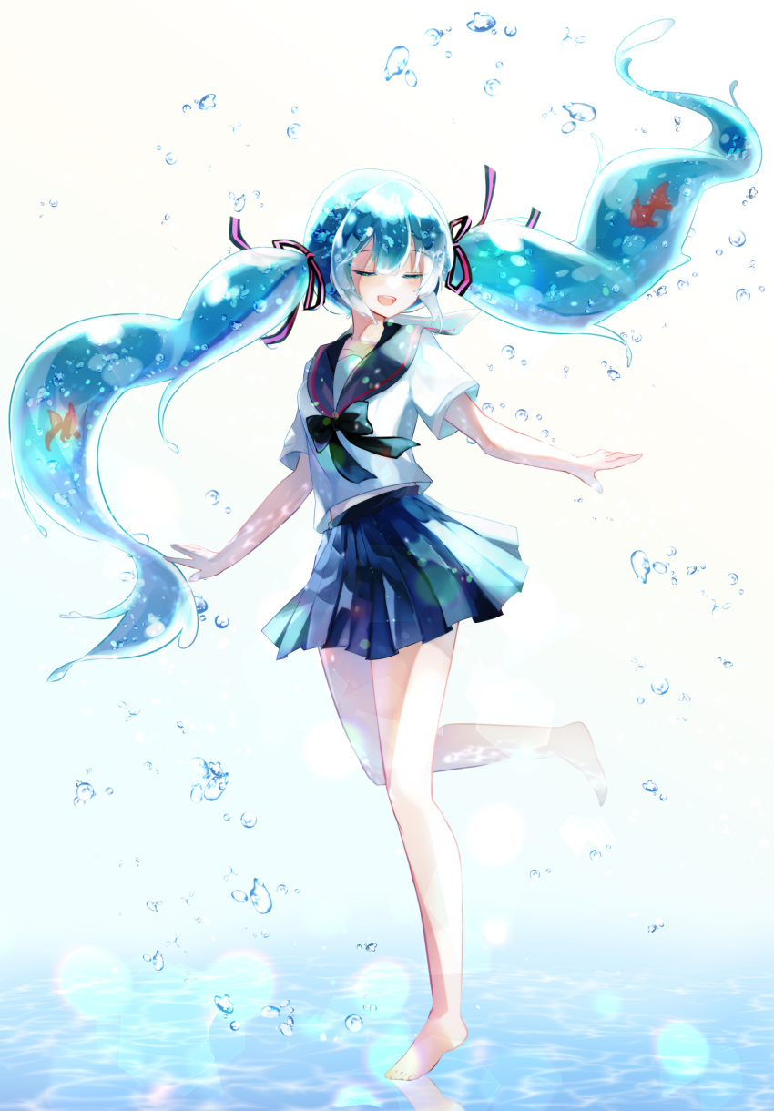 1girl, :d, absurdres, bangs, bare_legs, barefoot, black_bow, black_bowtie