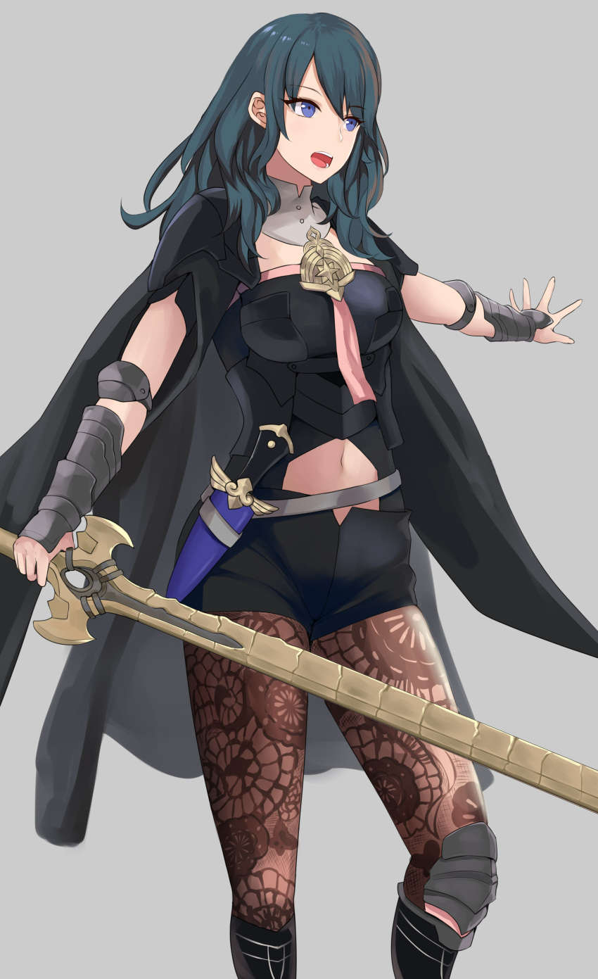 1girl, absurdres, bangs, black_cape, black_shorts, blue_eyes, blue_hair, breasts