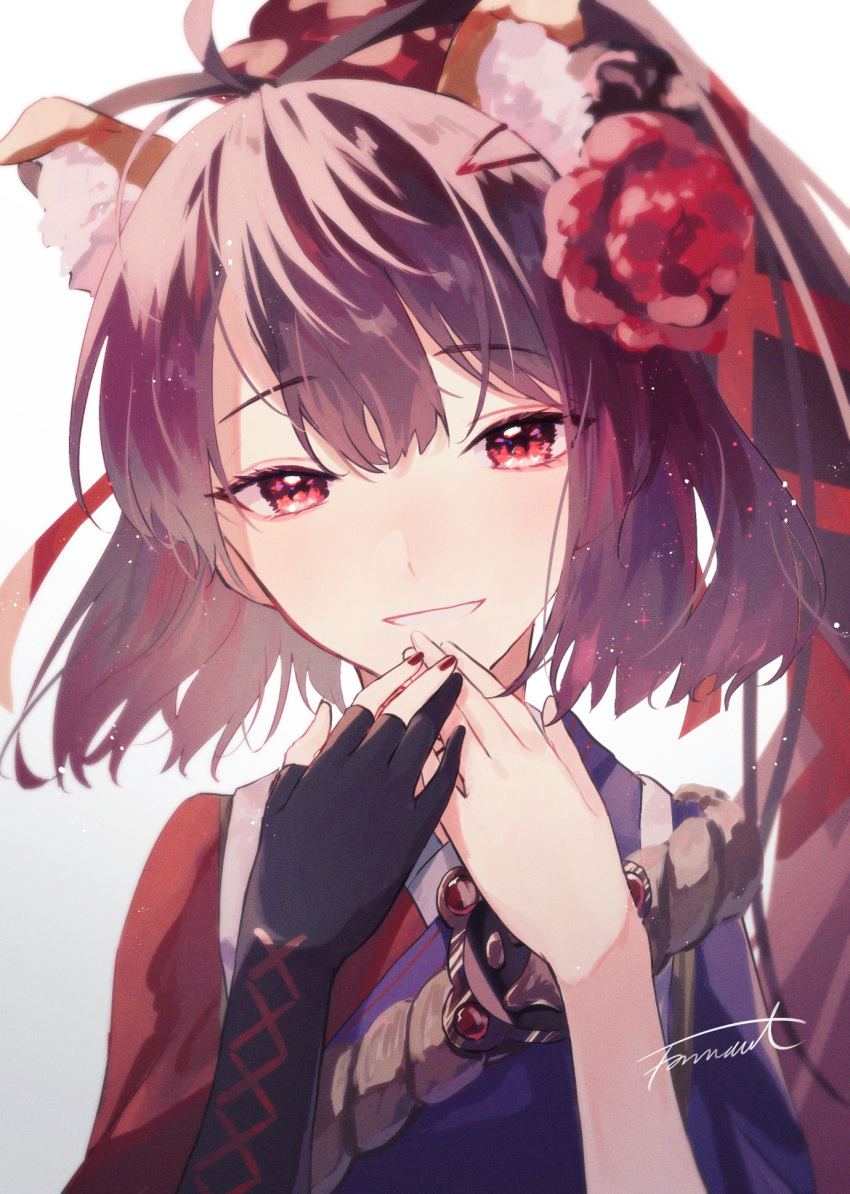 1girl, ahoge, animal_ears, brown_hair, dog_ears, fate/grand_order, fate_(series), flower