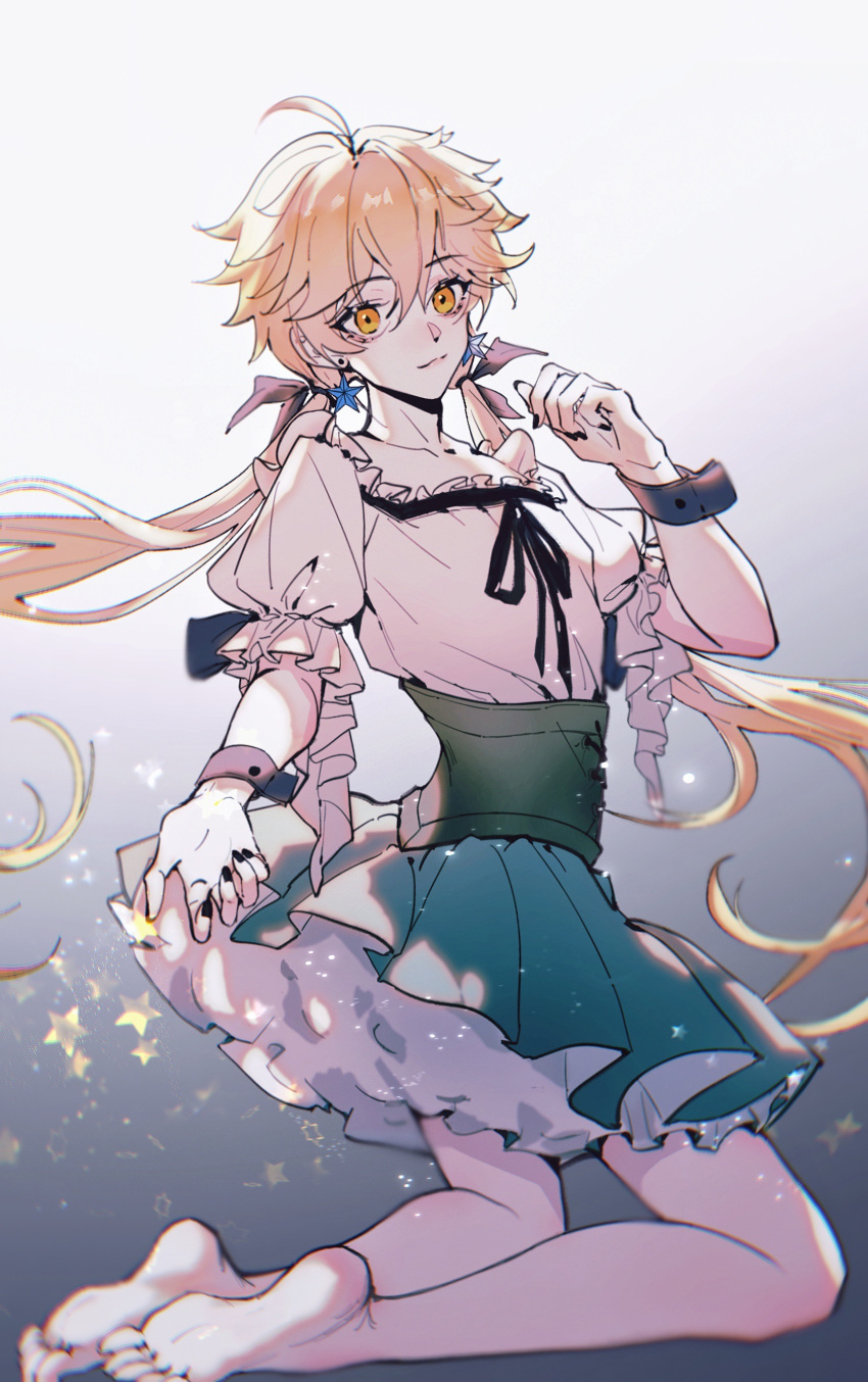 1boy, absurdres, aether_(genshin_impact), alternate_costume, barefoot, bishounen, black_nails, blonde_hair