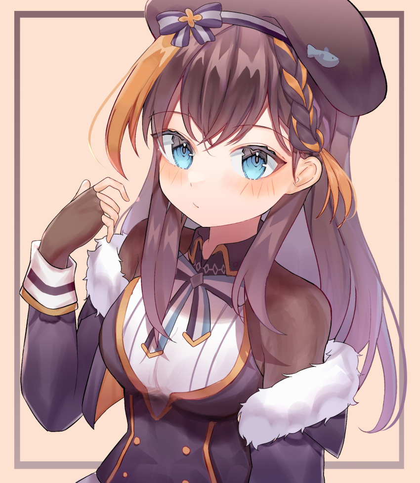 1girl, black_bodysuit, black_coat, black_dress, black_gloves, blue_bow, blue_bowtie, blue_eyes, blush, bodystocking, bodysuit, bow, bowtie, breasts, brown_hair, coat, collared_dress, dress, expressionless, fingerless_gloves, fur_trim, gloves, highres, long_hair, looking_at_viewer, medium_breasts, multicolored_hair, nijisanji, nijisanji_en, official_alternate_costume, orange_hair, petra_gurin, solo, streaked_hair, szuukie, two-tone_bowtie, virtual_youtuber, white_bow, white_bowtie, white_dress