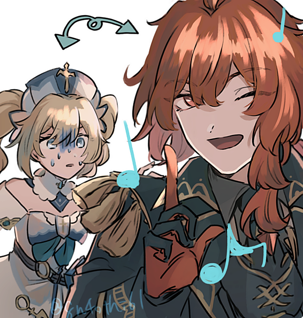 1boy, 1girl, aqua_eyes, arrow_(symbol), bangs, barbara_(genshin_impact), black_coat, blonde_hair