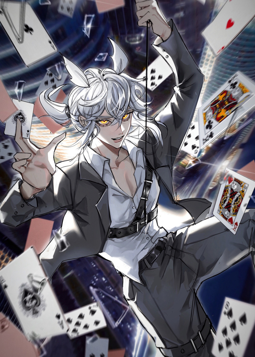 1boy, alternate_costume, bai_xiao, bishounen, blurry, card, depth_of_field, dropping, grey_hair, highres, looking_at_viewer, male_focus, pointy_hair, ponytail, sky:_children_of_the_light, solo, white_hair, xiaoniaodenanpiao, yellow_eyes