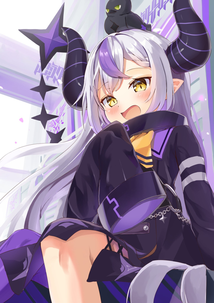 1girl, :d, animal_on_head, bird, bird_on_head, black_coat, black_horns, blush