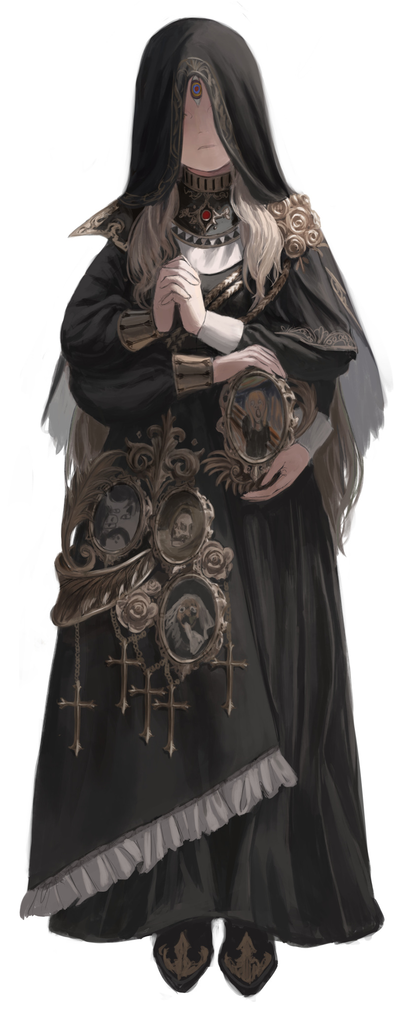 1girl, absurdres, black_dress, black_footwear, blonde_hair, collared_dress, covered_eyes, cross