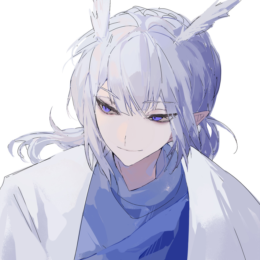 1boy, bishounen, cape, evil_smile, grey_hair, highres, light_smile, looking_to_the_side