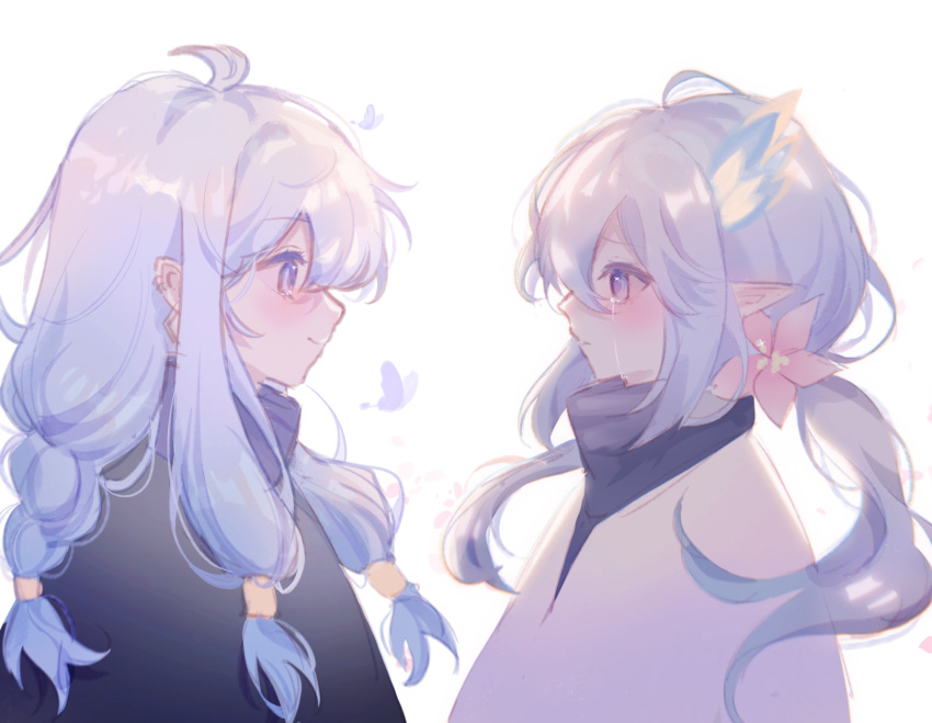 2girls, ahoge, bloom_(sky:_children_of_the_light), braid, crying, crying_with_eyes_open, flower, from_side, hair_flower, hair_ornament, highres, long_hair, low-tied_long_hair, multiple_girls, pointy_ears, profile, sidelocks, sky:_children_of_the_light, tears, timid_bookworm, twintails, walliu