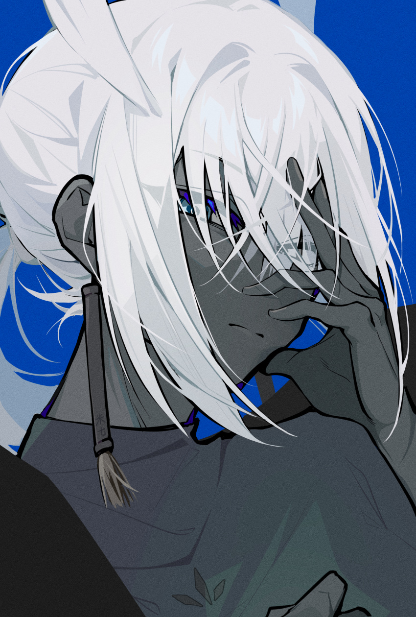 1boy, bishounen, blue_background, dark-skinned_male, dark_skin, earrings, grey_hair, hair_between_eyes