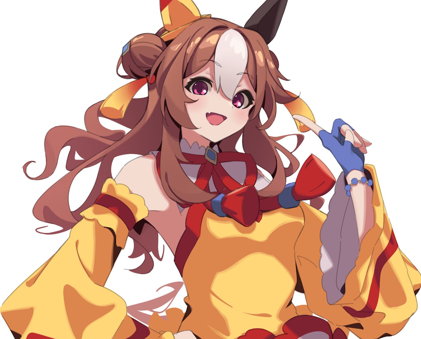 1girl, animal_ears, bow, brown_hair, copano_rickey_(umamusume), detached_sleeves, double_bun, dress