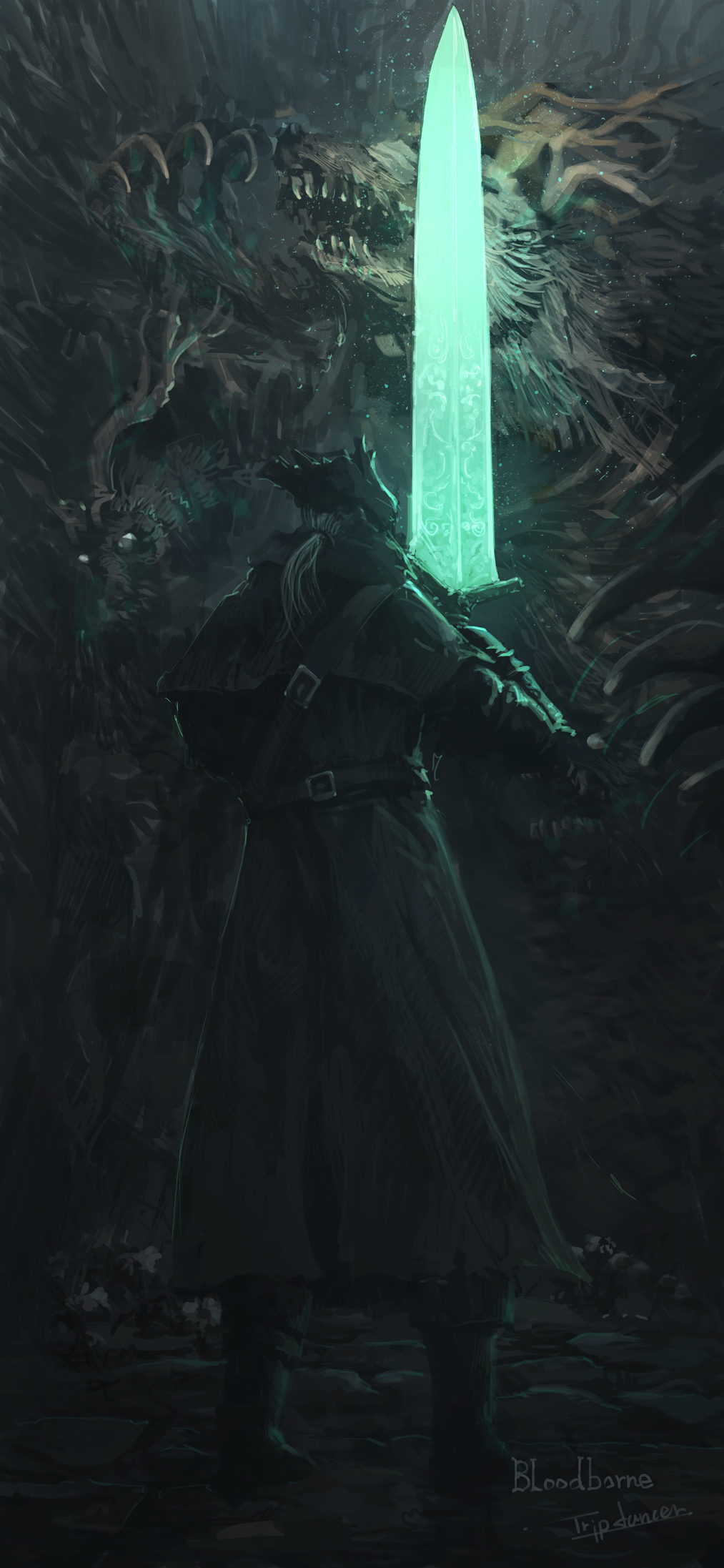 1other, ambiguous_gender, artist_name, bloodborne, boots, capelet, character_request, from_behind, full_body, grey_hair, hat, highres, holding, holding_sword, holding_weapon, hunter_(bloodborne), long_sleeves, ludwig's_holy_blade, monster, ponytail, standing, sword, tricorne, tripdancer, weapon