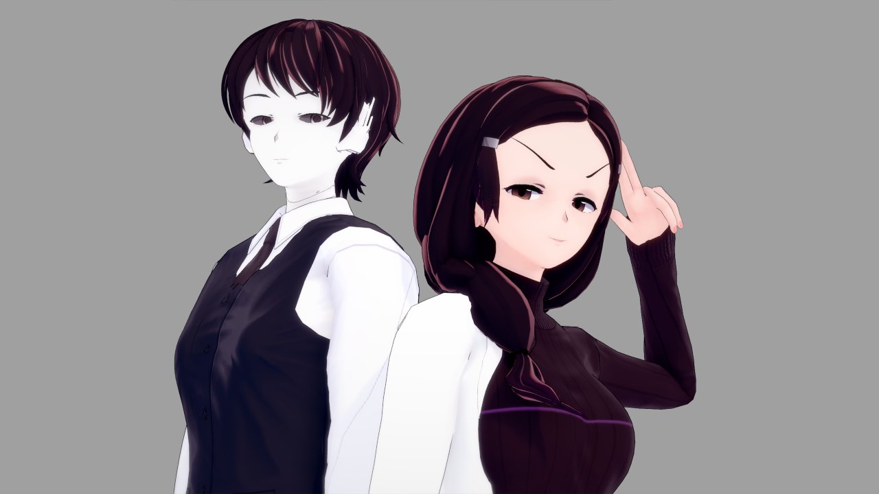 android, betty_(va-11_hall-a), black_hair, brown_eyes, deal_(va-11_hall-a), formal, grey_background, koikatsu_(medium)