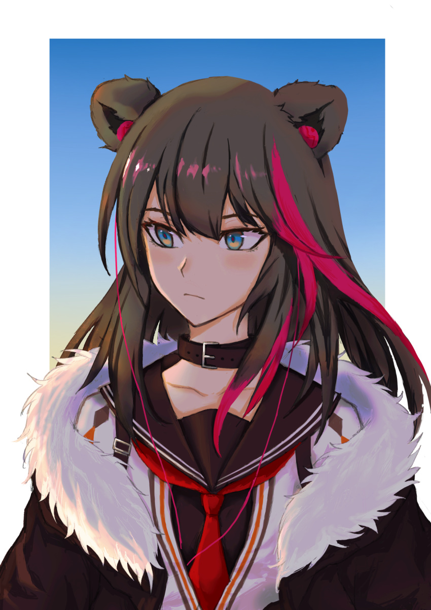 1girl, animal_ears, arknights, bear_ears, blue_eyes, brown_hair, coat, collar, earphones, earphones, fur-trimmed_coat, fur_trim, gradient, gradient_background, highres, long_hair, multicolored_hair, plpiromkul, sailor_collar, streaked_hair, zima_(arknights)