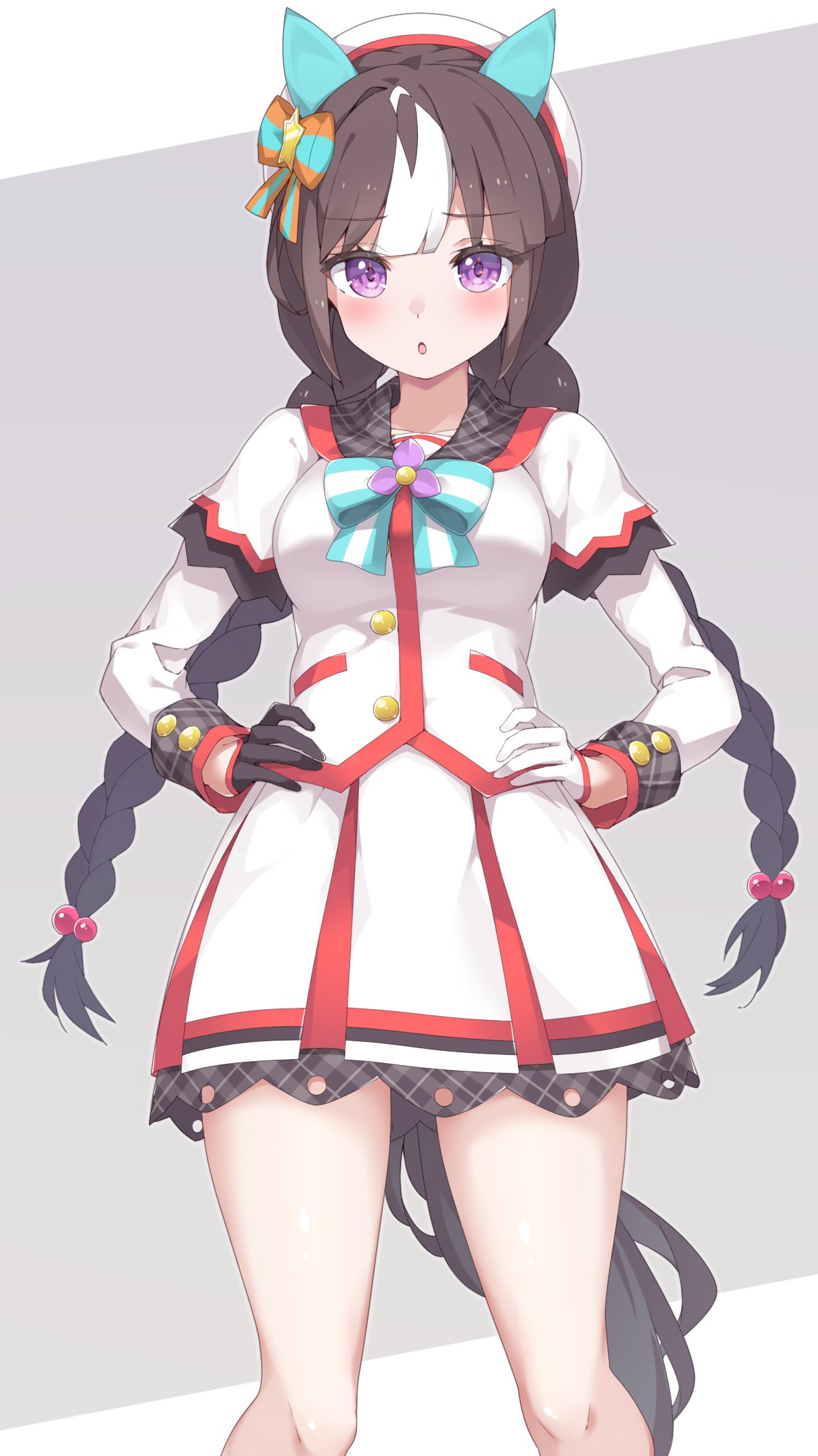 1girl, :o, animal_ears, asymmetrical_gloves, bangs, black_gloves, blush, bow