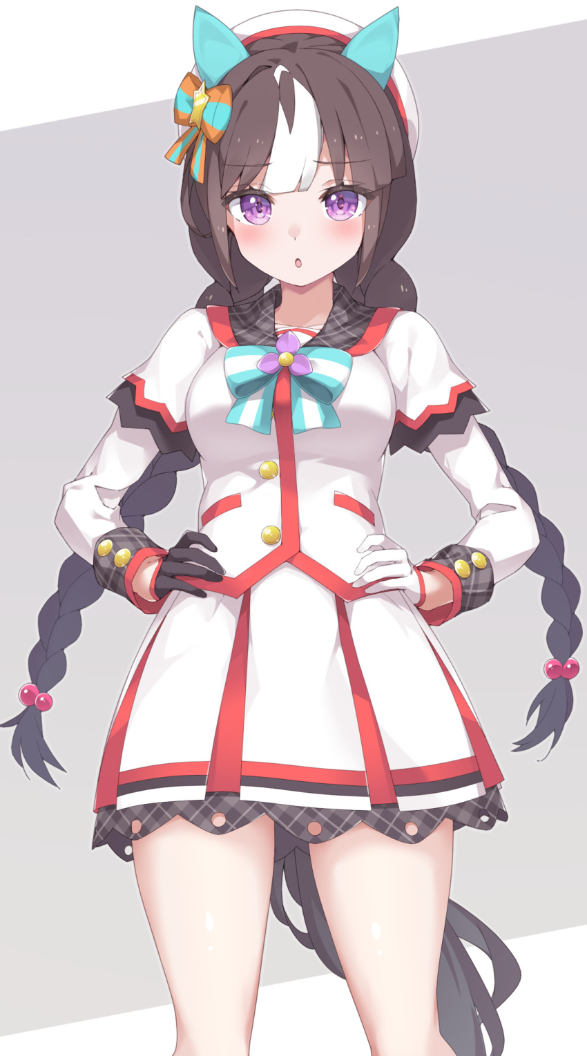 animal_ears, beret, black_hair, blush, braid, breasts, commentary_request, gloves, hat, highres, hokko_tarumae_(umamusume), horse_ears, horse_tail, long_hair, looking_at_viewer, medium_breasts, nokita_(pinmisil), open_mouth, ribbon, simple_background, tail, twin_braids, umamusume, violet_eyes