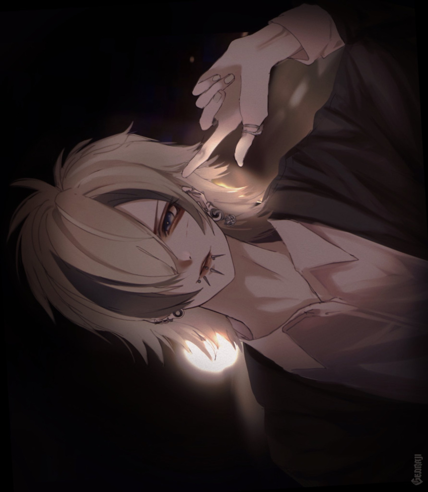 1boy, blue_eyes, finger_to_head, gedraji, highres, medium_hair, multicolored_hair, original