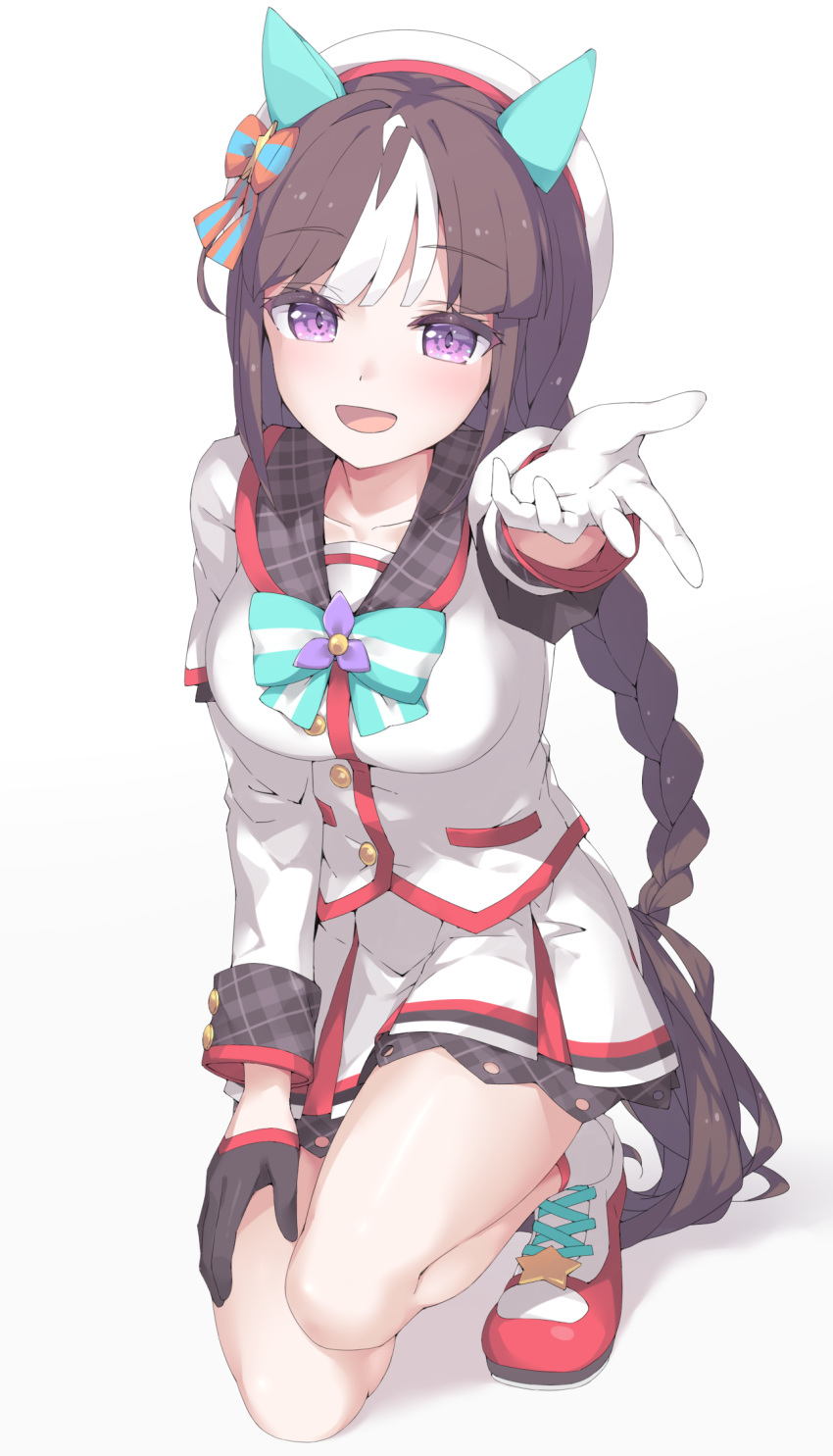 1girl, animal_ears, black_gloves, bow, bowtie, braid, breasts, brown_hair