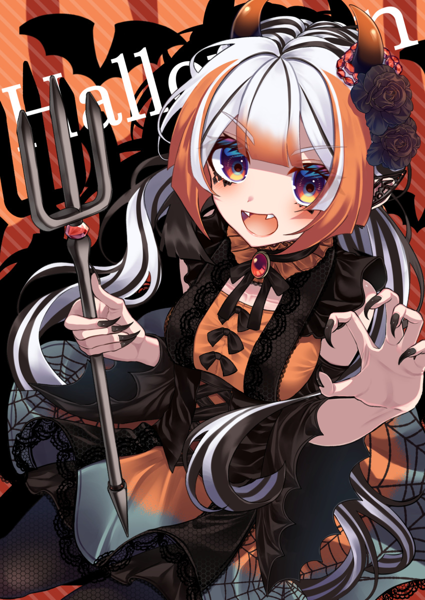 1girl, :d, bangs, bat_(animal), beads, black_hair, black_nails, blush