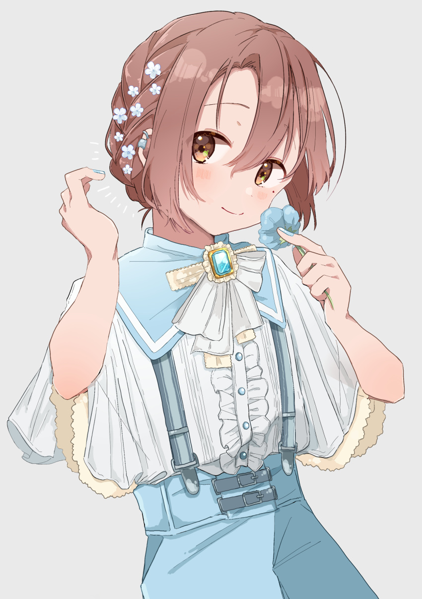 1boy, absurdres, androgynous, asuka_kanzaki, blue_background, blue_flower, blue_shirt, blue_theme