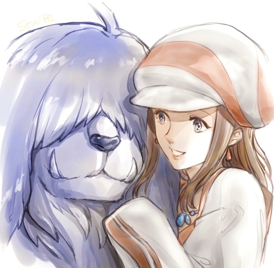 1girl, animal, arc_the_lad, brown_hair, earrings, hat, jewelry, long_hair, nol_(arc_the_lad), simple_background, smile, stripe335, white_background