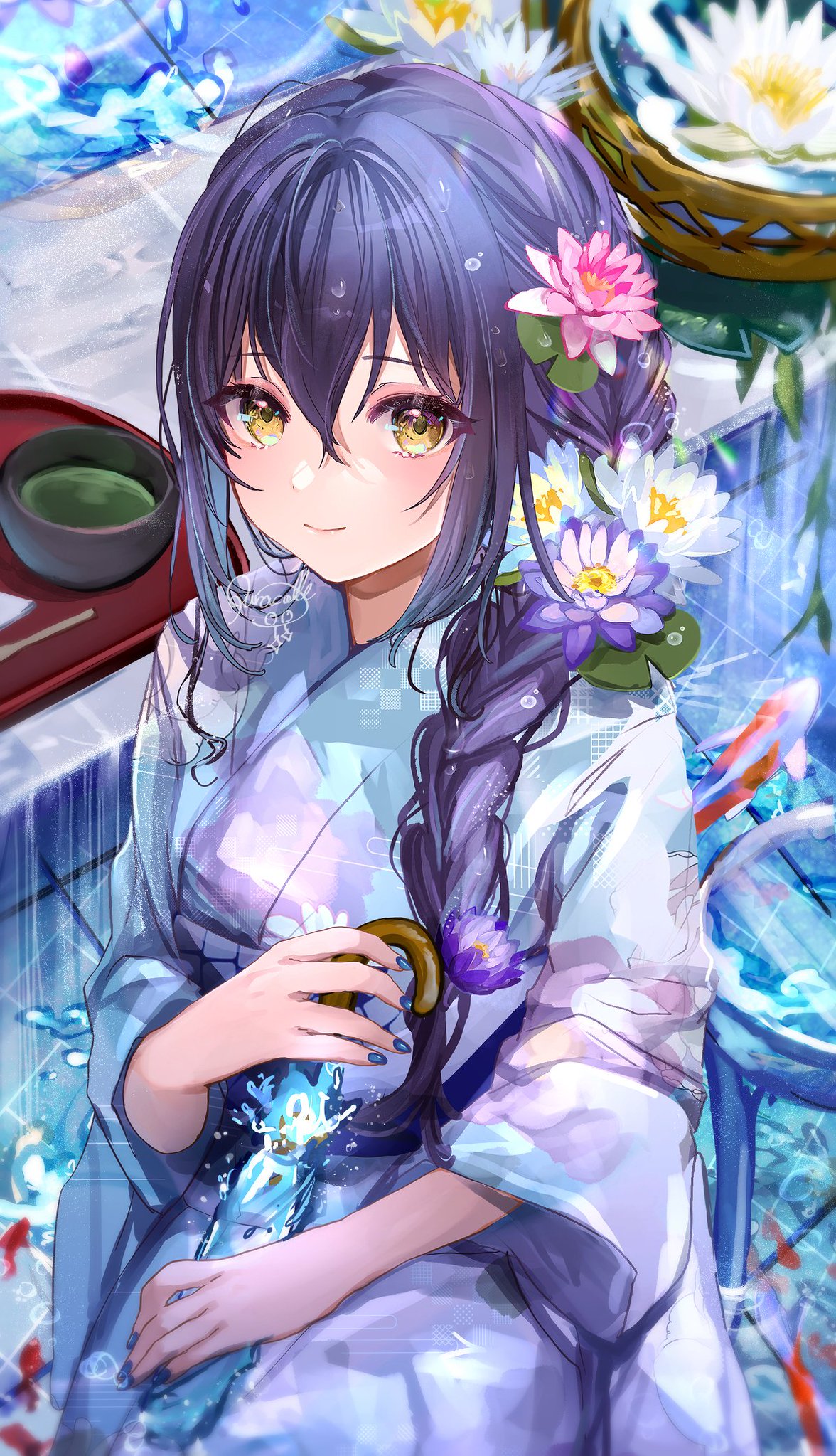 1girl, bangs, braid, braided_ponytail, floral_print, flower, hair_between_eyes, hair_flower