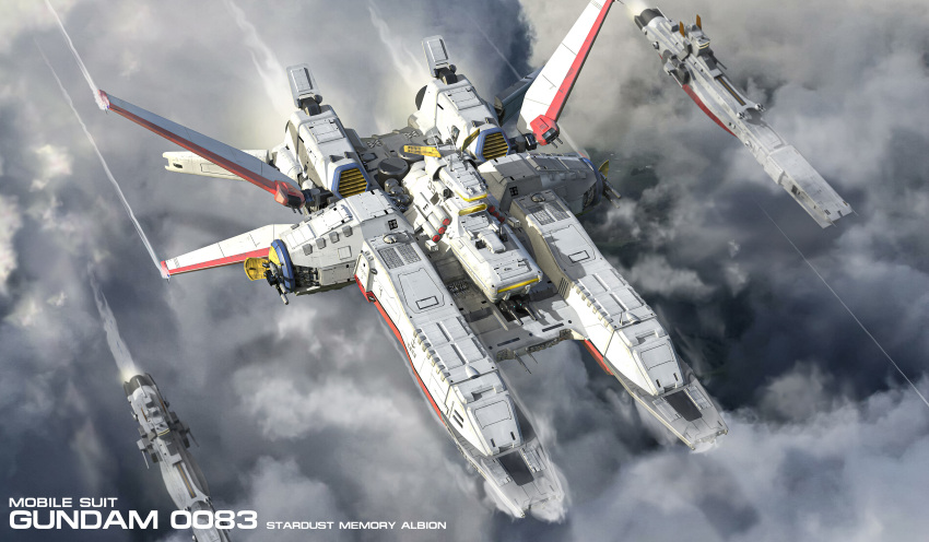 3d, absurdres, albion_(gundam), clouds, contrail, energy_cannon, english_commentary, english_text