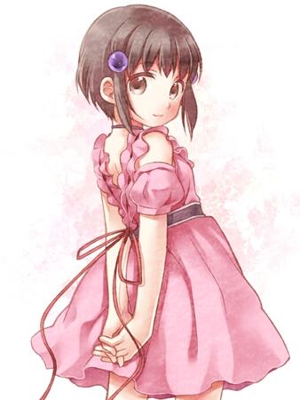 1girl, arms_behind_back, brown_eyes, brown_hair, choker, closed_mouth, dress, hair_ornament, looking_at_viewer, lowres, pink_dress, reala_(tales), ribbon, sensaki_chihiro, short_hair, simple_background, smile, solo, tales_of_(series), tales_of_destiny_2, very_short_hair, white_background