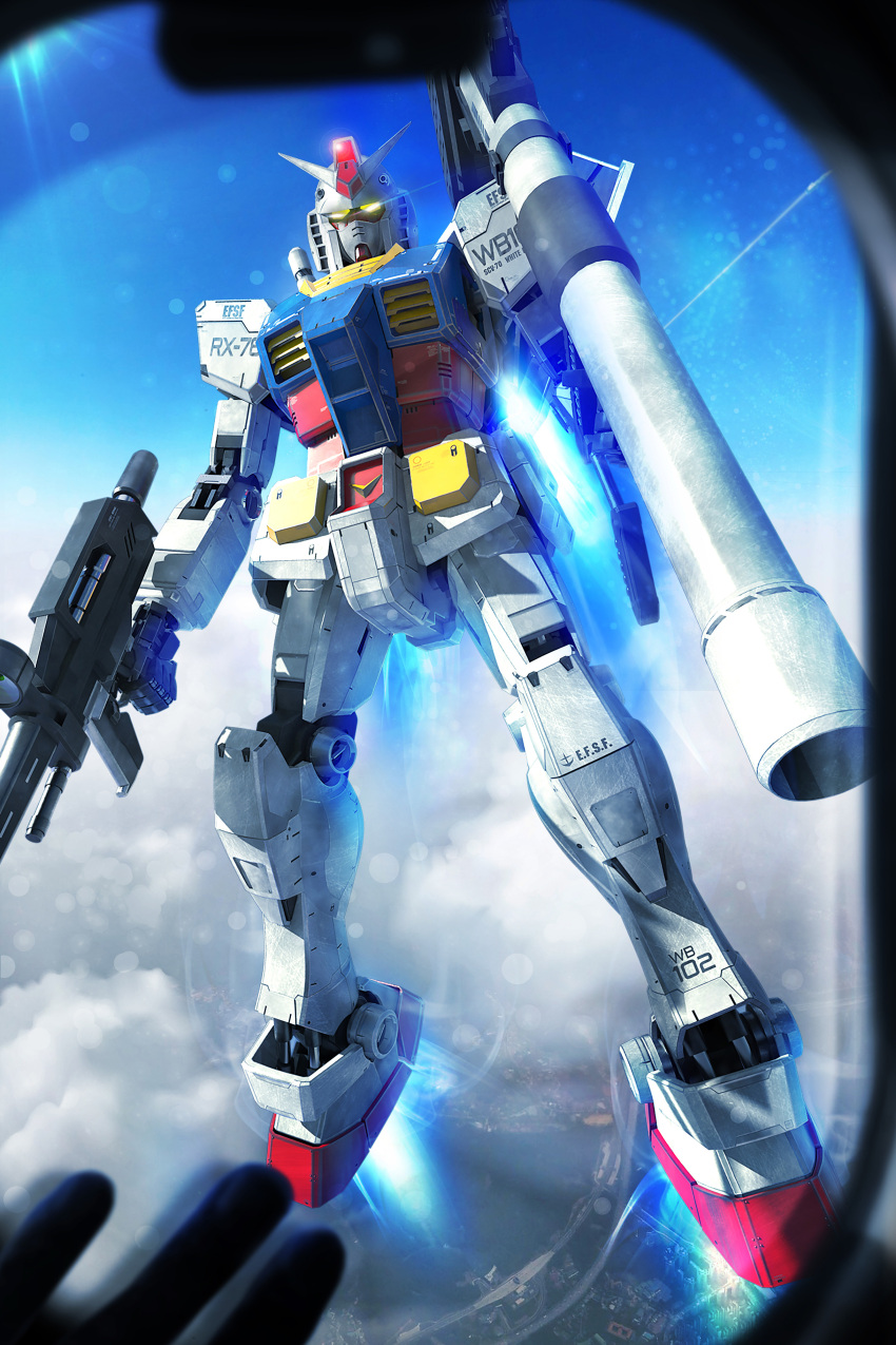 3d, absurdres, aircraft, bazooka_(gundam), beam_rifle, clouds, contrail, earth_federation