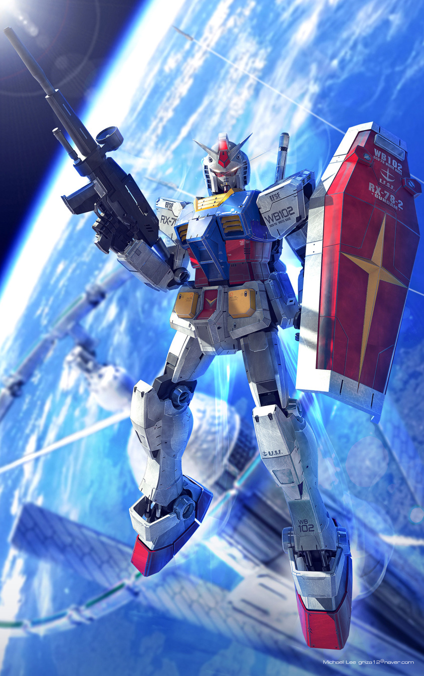 3d, beam_rifle, blurry, blurry_background, contrail, earth_(planet), earth_federation, energy_gun