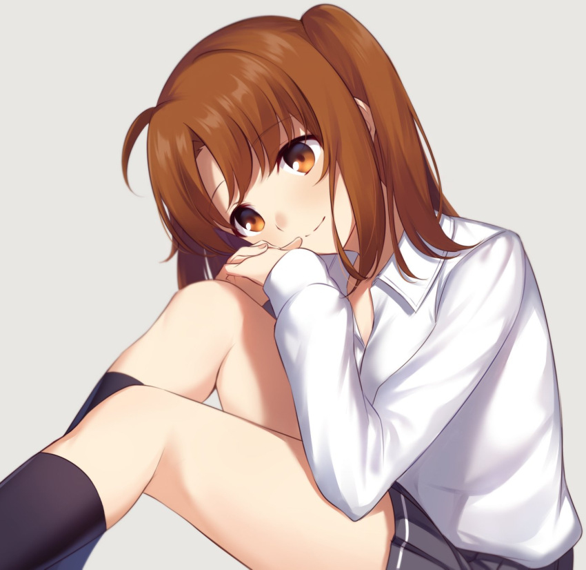1girl, ahoge, alternate_costume, bangs, black_socks, brown_eyes, brown_hair, closed_mouth