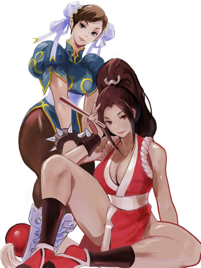 2girls, boots, bracelet, breasts, brown_eyes, brown_hair, bun_cover, china_dress