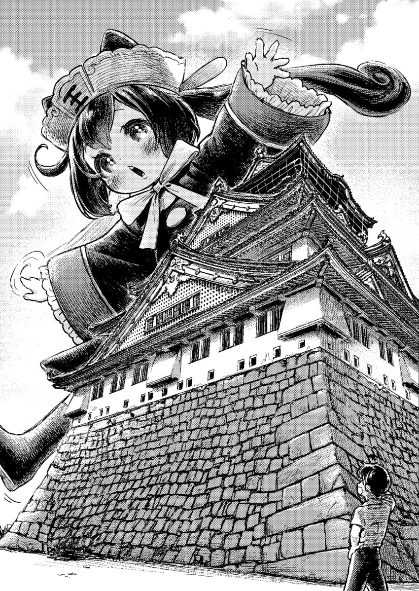 1boy, 1girl, architecture, blush, castle, east_asian_architecture, enma_(mythology), giant
