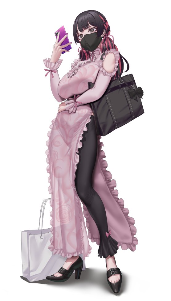 1girl, bag, black_hair, breasts, cellphone, commentary_request, dress, ear_piercing