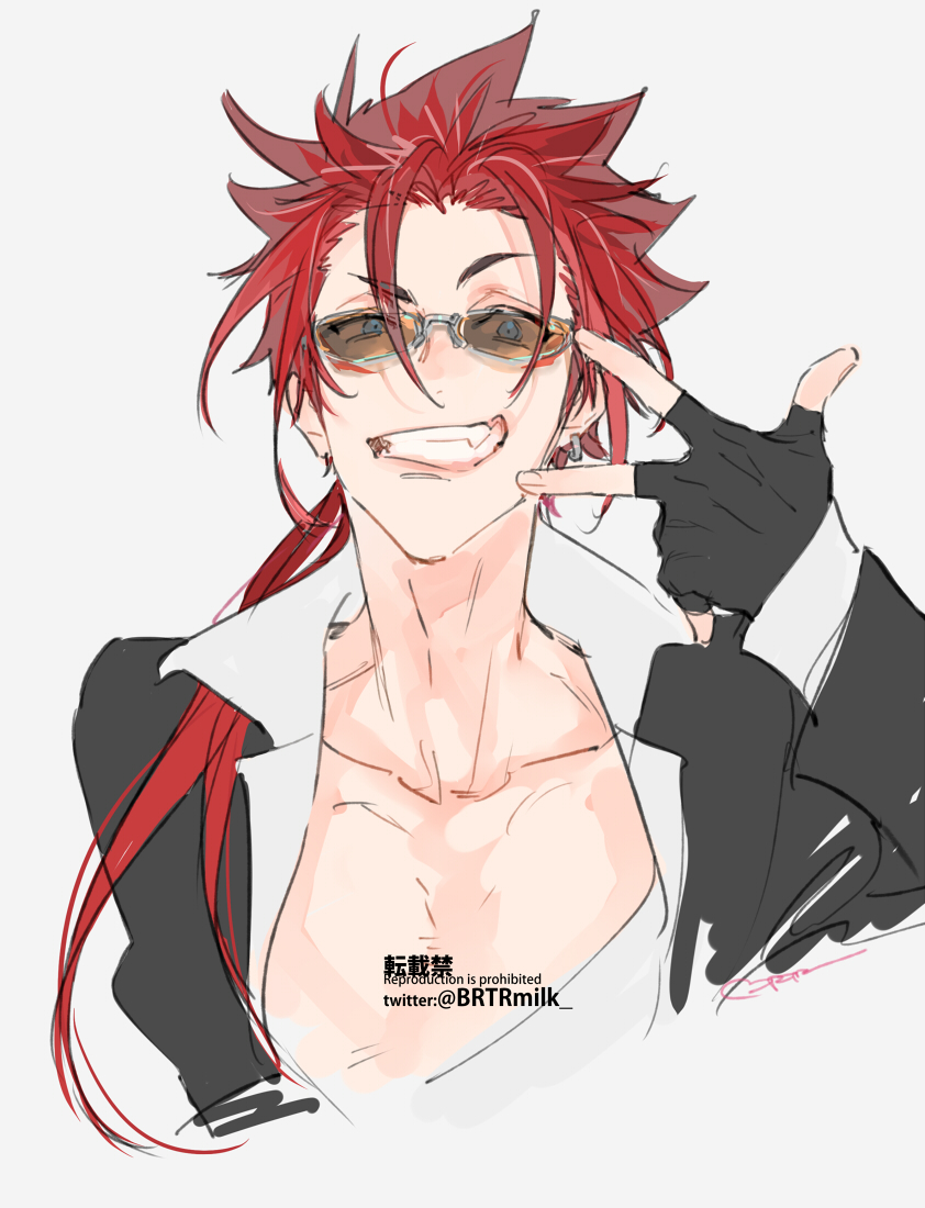 1boy, alternate_eyewear, aqua_eyes, bangs, black_gloves, black_jacket, collarbone, collared_shirt, earrings, facial_mark, fang, final_fantasy, final_fantasy_vii, final_fantasy_vii_remake, fingerless_gloves, gloves, grin, jacket, jewelry, long_sleeves, looking_at_viewer, low_ponytail, male_focus, open_clothes, open_shirt, parted_bangs, redhead, reno_(ff7), shirasuboshiboshi, shirt, single_earring, smile, solo, spiky_hair, sunglasses, teeth, twitter_username, upper_body, v, white_background, white_shirt