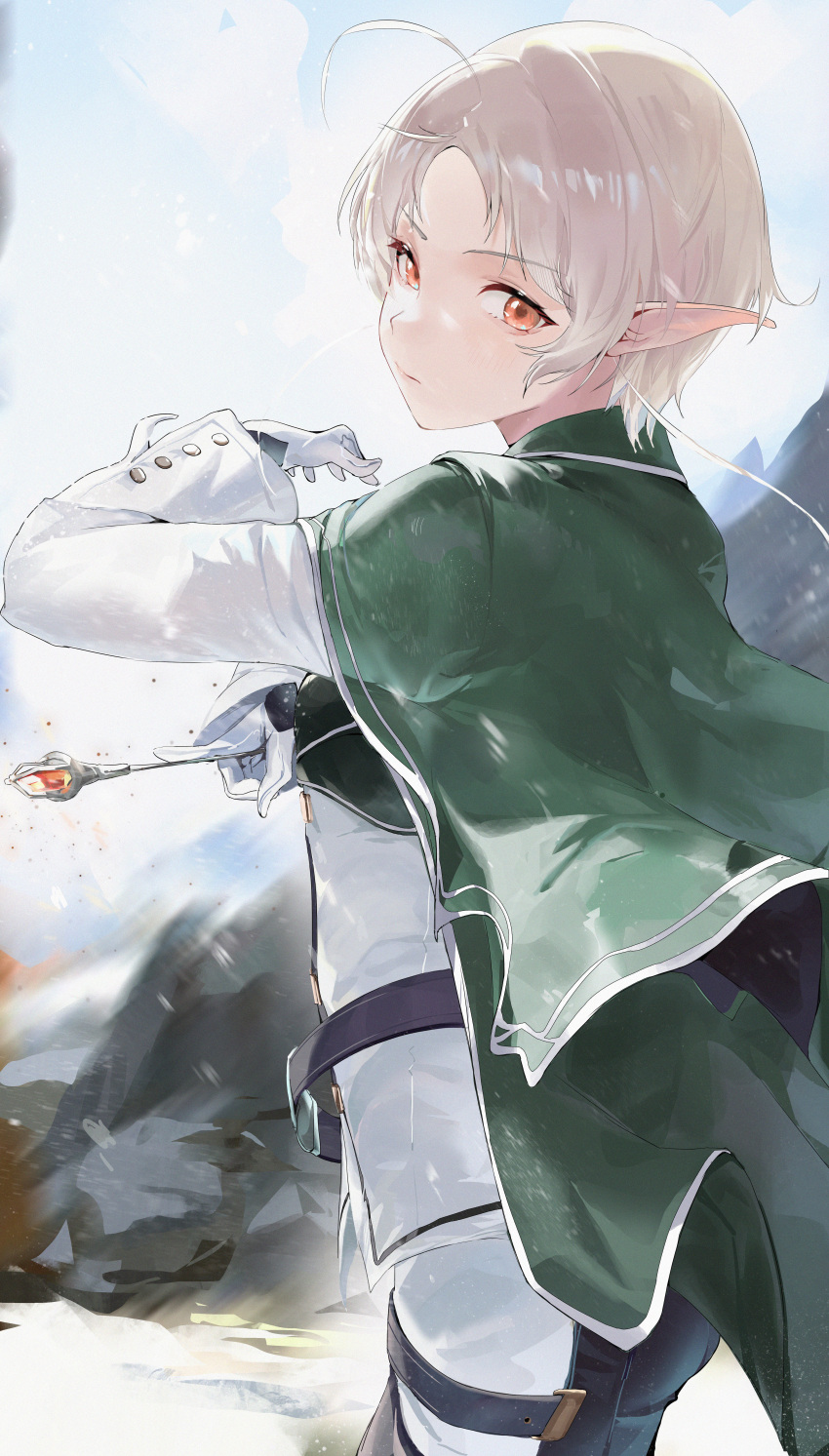 1girl, absurdres, ahoge, bangs, belt, black_belt, blurry, blurry_background