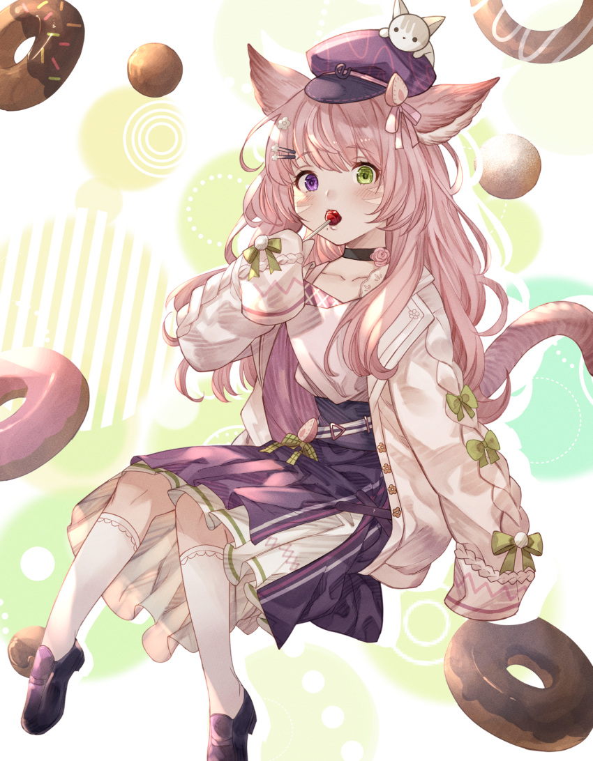 1girl, absurdres, animal_ears, animal_on_head, ayacho, candy, cat, cat_ears