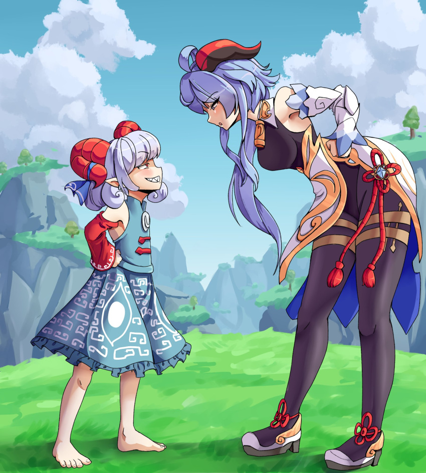 2girls, barefoot, bent_over, blue_dress, blue_hair, blue_ribbon, blue_sky, clouds