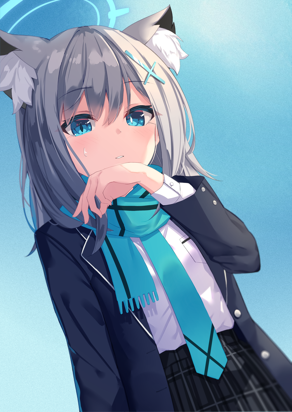 1girl, animal_ear_fluff, animal_ears, aqua_eyes, aqua_scarf, bangs, black_jacket, blue_archive