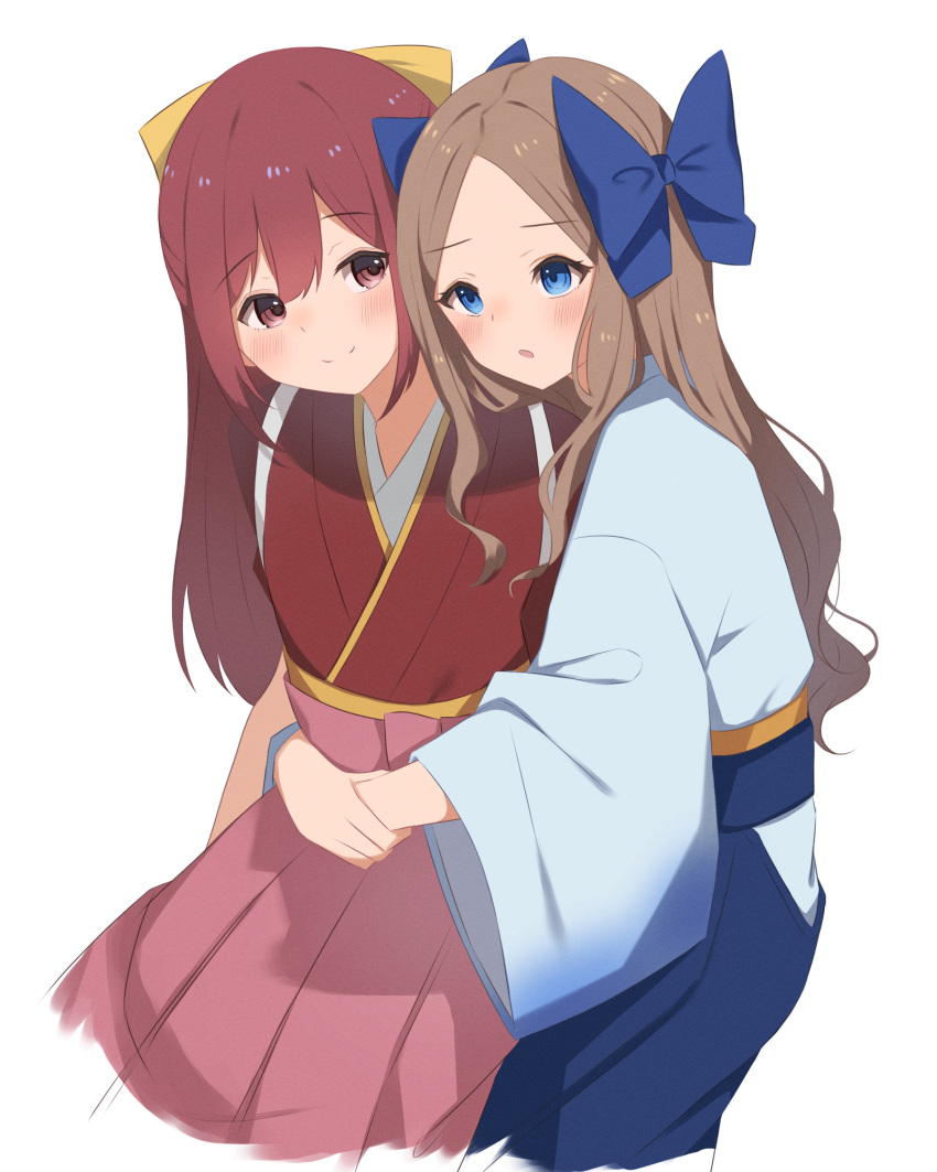 2girls, asakaze_(kancolle), bangs, blue_bow, blue_eyes, blue_hakama, blue_kimono, bow