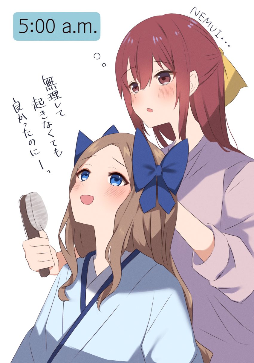 2girls, asakaze_(kancolle), bangs, blue_bow, blue_eyes, bow, forehead, hachino_mugi