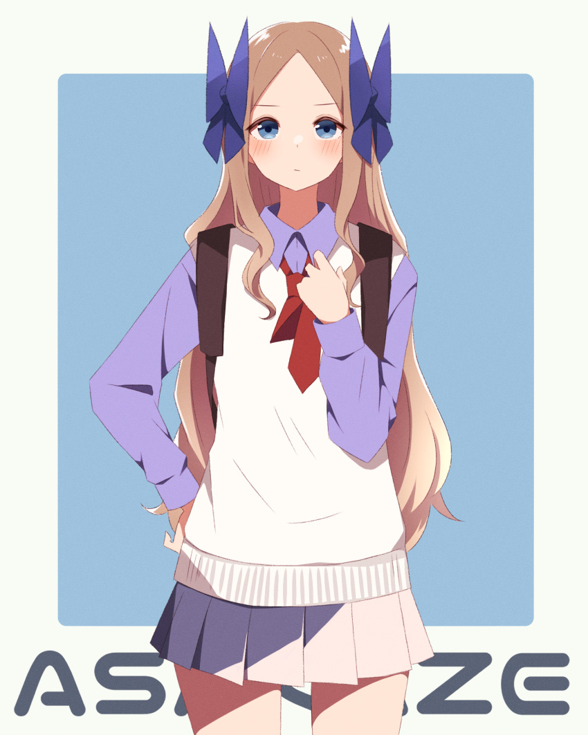 1girl, alternate_costume, asakaze_(kancolle), backpack, bag, bangs, blue_background, blue_eyes, character_name, collared_shirt, cowboy_shot, forehead, hachino_mugi, hair_ribbon, highres, kantai_collection, light_brown_hair, long_hair, long_sleeves, parted_bangs, purple_shirt, purple_skirt, ribbon, school_uniform, shirt, skirt, solo, two-tone_background, vest, wavy_hair, white_background, white_vest