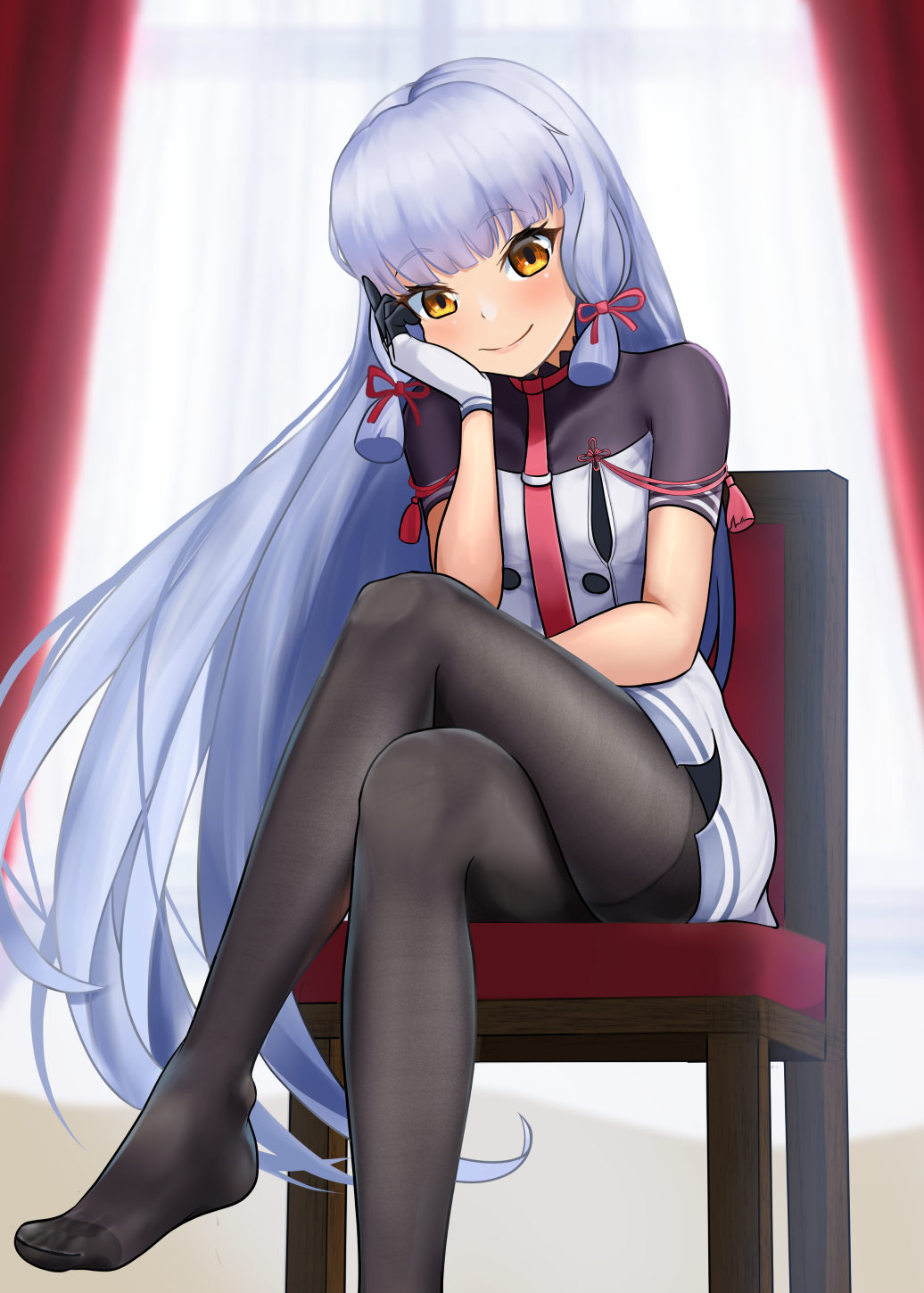 1girl, black_gloves, black_pantyhose, blush, closed_mouth, crossed_legs, dorachan_r, dress, gloves, hair_ribbon, hand_on_own_face, highres, kantai_collection, long_hair, murakumo_(kancolle), murakumo_kai_ni_(kancolle), necktie, orange_eyes, pantyhose, red_necktie, red_ribbon, ribbon, short_sleeves, sitting, smile, solo, strapless, strapless_dress, tress_ribbon, white_dress, white_gloves, white_hair