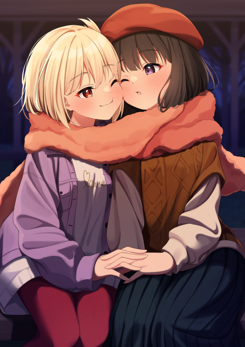 2girls, beret, black_hair, blonde_hair, blue_skirt, blush, cheek-to-cheek, closed_mouth