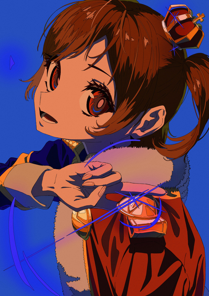 1girl, absurdres, aijou_karen, bangs, blue_background, blue_jacket, brown_eyes, brown_hair