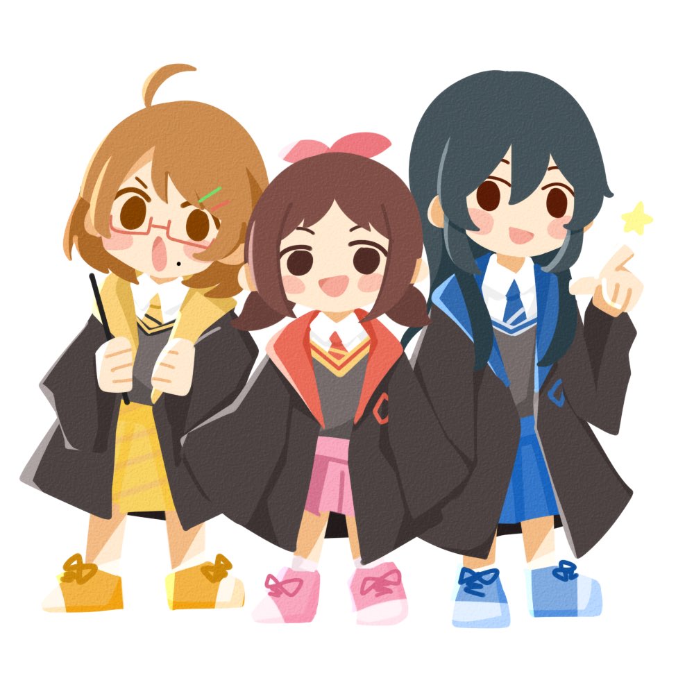 3girls, brown_eyes, chibi, cloak, gryffindor, hairband, hogwarts_school_uniform, hufflepuff