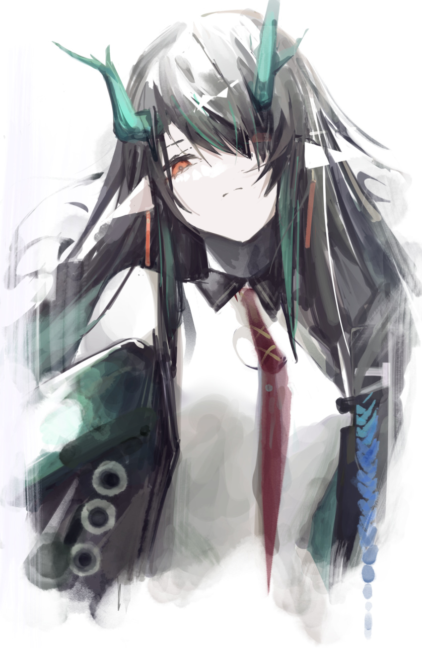 1girl, ankoro_mochi, arknights, black_collar, black_hair, black_jacket, china_dress, chinese_clothes