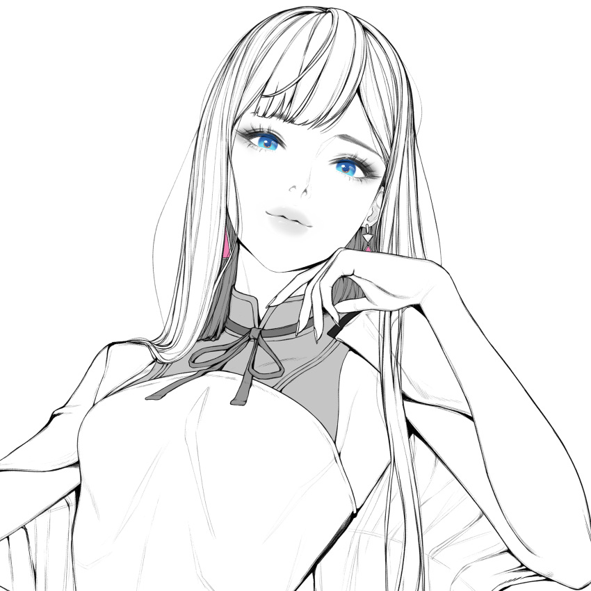 1girl, bangs, bare_arms, black_ribbon, blonde_hair, blue_eyes, breasts, capelet