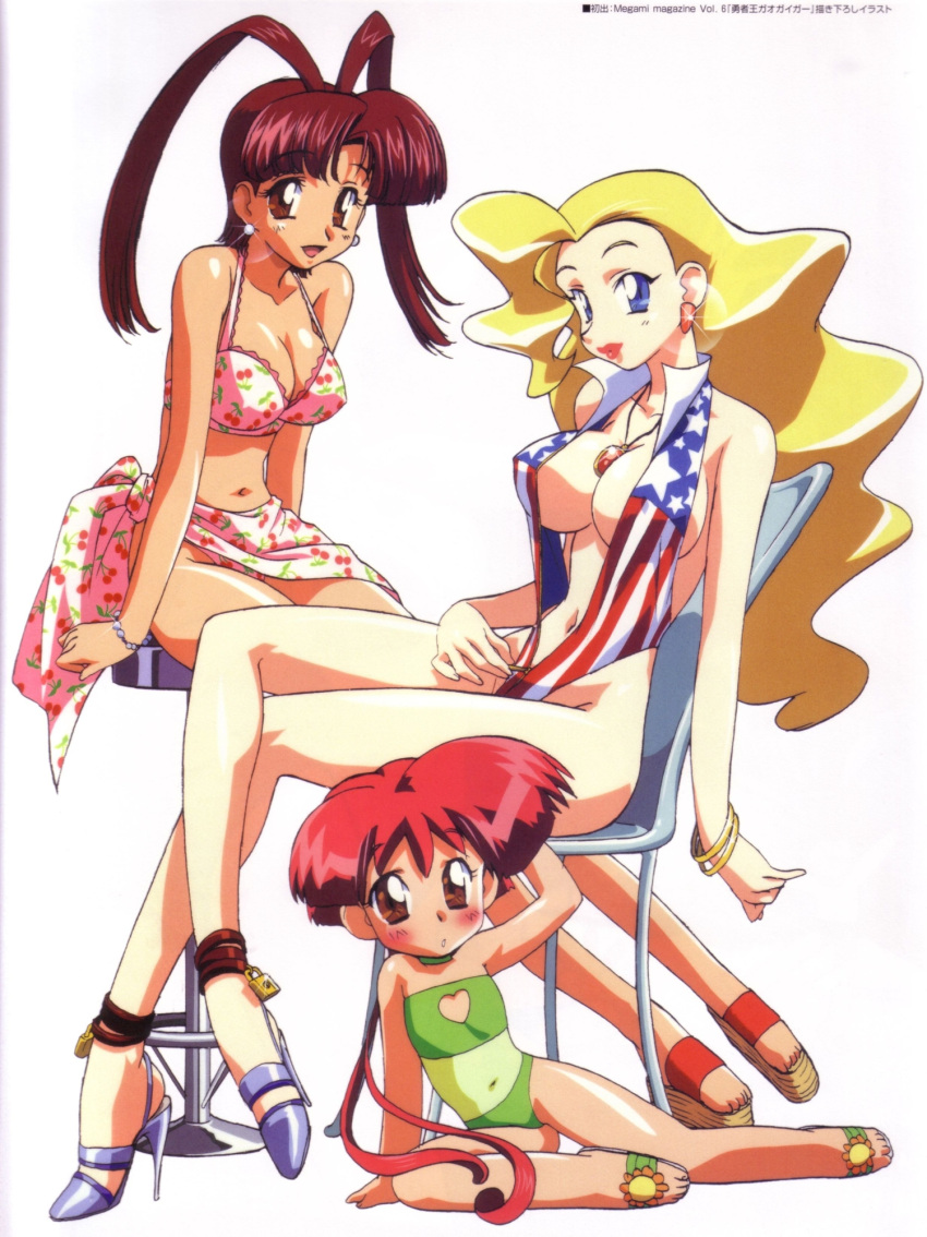 3girls, american_flag_bikini, antenna_hair, bikini, blonde_hair, blush, breasts, brown_eyes