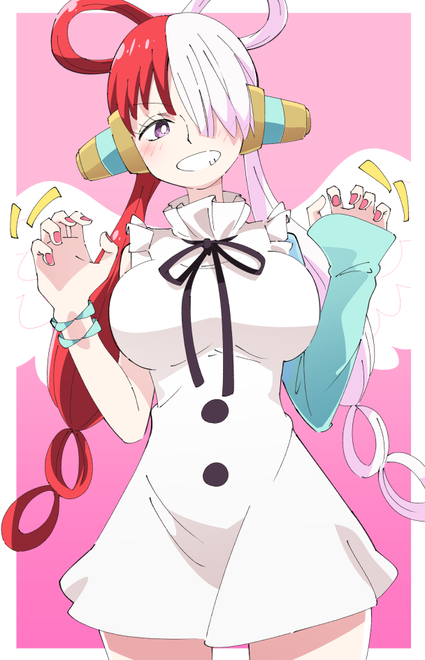 1girl, aqua_sleeves, blush, breasts, bright_pupils, clenched_teeth, commentary_request, dress