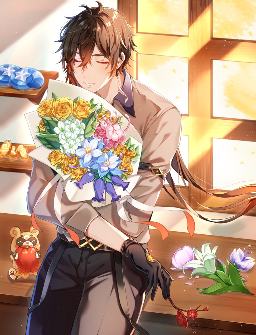 1boy, against_table, antenna_hair, bangs, black_gloves, black_pants, blush, bouquet