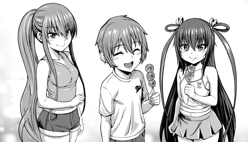 1boy, 2girls, akiyama_rinko, akiyama_tatsurou, artist_request, blush, edited, happy, mizuki_yukikaze, ponytail, smile, taimanin_(series), taimanin_yukikaze, third-party_edit